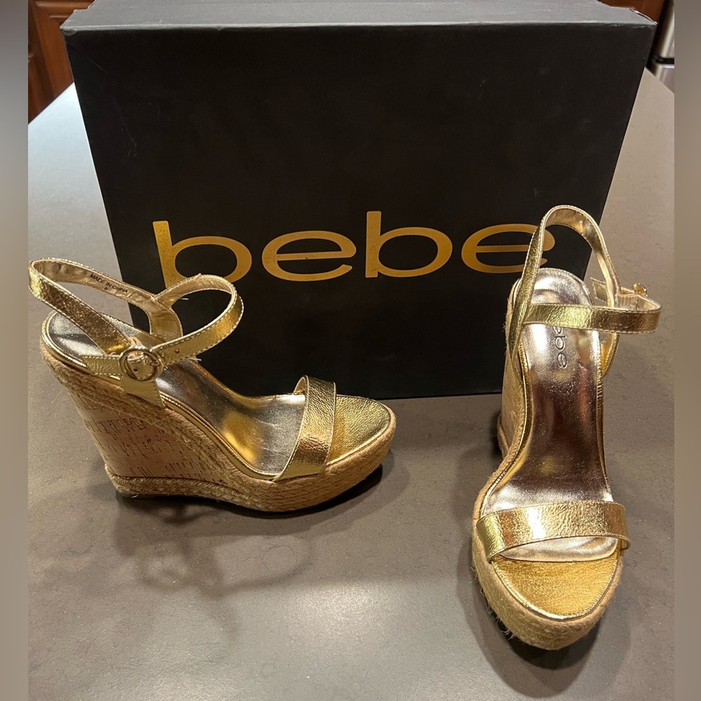 Bebe Clairee Cork Wedge Ankle Strap Gold Platform Women Shoes High Sz 6